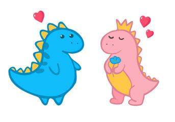 Vector cartoon clipart illustration of two dinosaurs, pink and blue, boy and girl, cute couple in love, dino doodle for children 