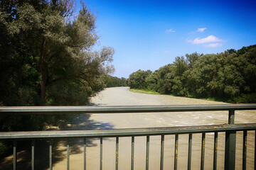 Ismaning, Bavaria, Germany - High water of  the Isar river few Kilometers from Munich. The river...