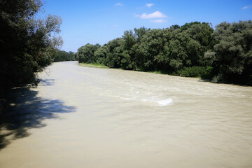 Ismaning, Bavaria, Germany - High water of  the Isar river few Kilometers from Munich. The river...