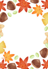 手描き　色鉛筆　紅葉と銀杏と栗の落ち葉のイラストフレーム