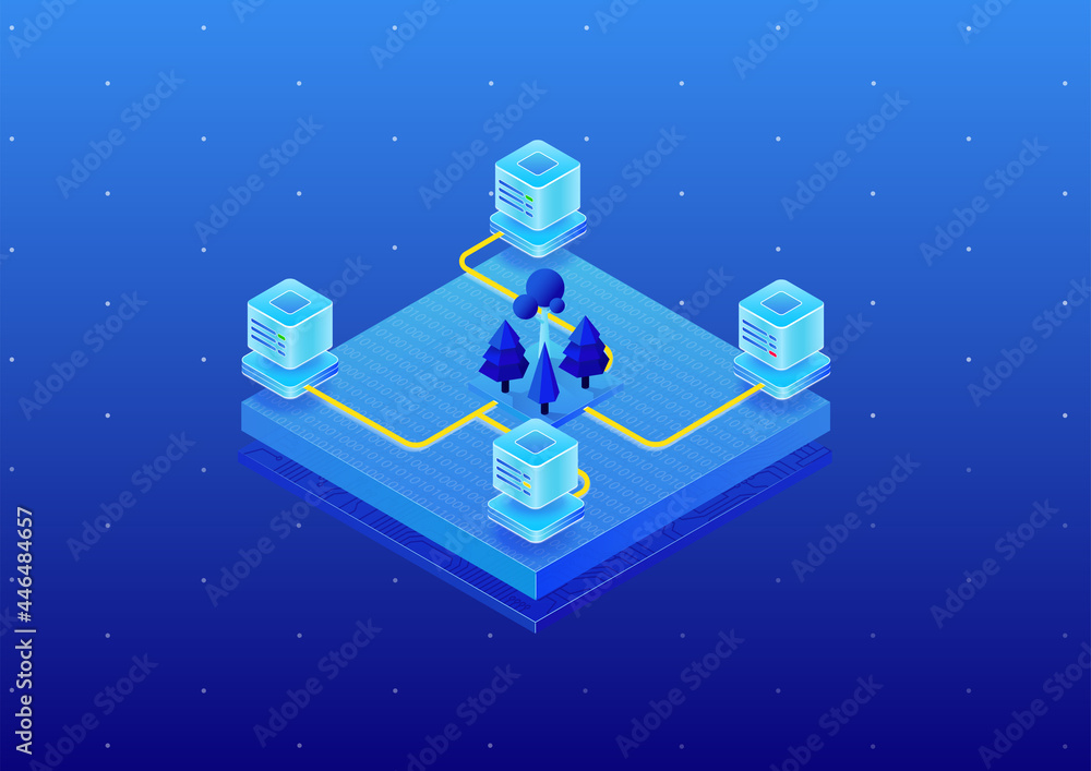 Poster concept of environmental friendly it data center. isometric 3d vector illustration of server farm po
