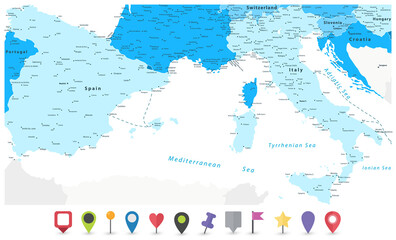 Spain and Italy Blue Map and Flat Map Icons