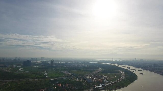 Aerial view of Thu Thiem New Urban Area under construction in 2017, a future sustainable, dynamic, mixed use central business district