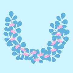 Fototapeta na wymiar Vector illustration. Cute rounded floral frame for decoration. The flowers are delicate. Frame in pink birch color on a blue background. 