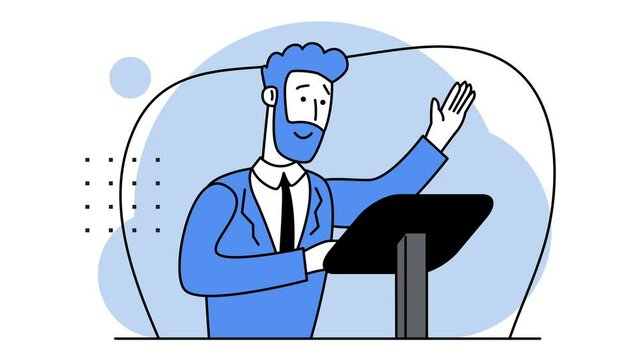 Happy man gives a speech. Personnel training. Business Development Conference. Consultation of a professional. Promotion bof the idea. Completed task. Modern Blue colours, shades. 2d flat animation.