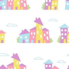 Cute seamless pattern with houses. Vector illustration on white background.