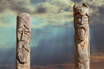 A pagan wooden idols. - obrazy, fototapety, plakaty