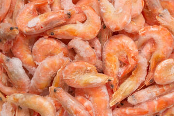 Fresh shrimps in ice. Top view.