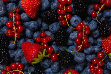 Obraz na płótnie Canvas Blackberry, raspberry, blueberry, red currant and mint background.