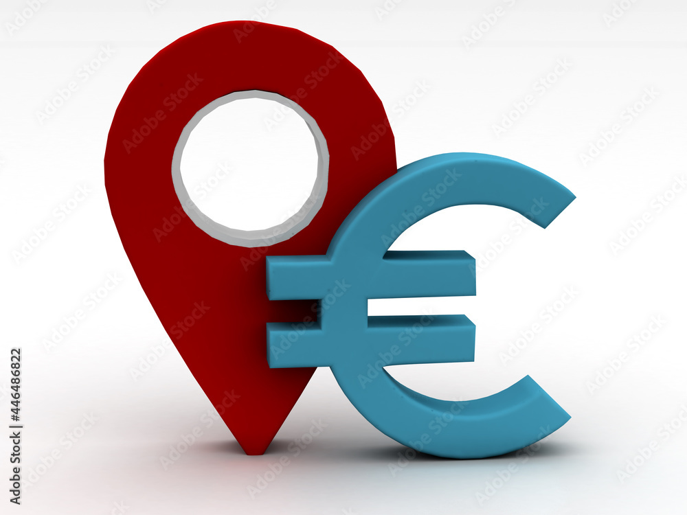 Poster books map pointer with euro, 3d rendering with position marker isolated . 3d illustration