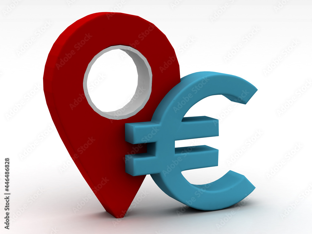 Poster books map pointer with euro, 3d rendering with position marker isolated . 3d illustration
