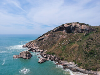 Aerial view of Praia do Perigoso and Pedra da Tartaruga, Rio de Janeiro. Sunny day, Drone photo.