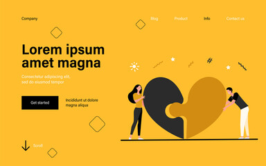Happy young couple connecting heart halves. Puzzle, jigsaw, dating flat vector illustration. Love, relationship, romance concept for banner, website design or landing web page
