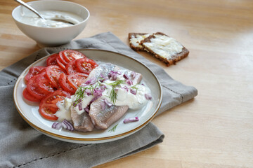 Traditional salted herring fillets with cream sauce, red onions, dill garnish and tomatoes on a wooden table, copy space