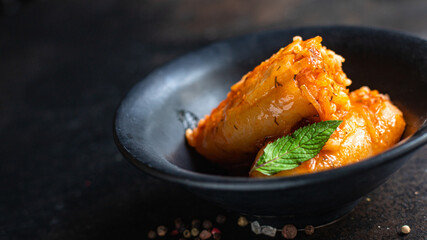 pepper rice stuffed tomato sauce vegetable fresh in plate vegetables on the table meal snack copy space food background rustic keto or paleo diet veggie vegan or vegetarian food