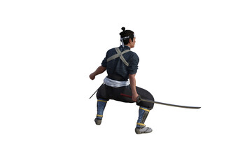 Fototapeta premium Chinese fighter poses with sword for your scenes specially for collage, isolated on white background. 3D illustration. 3D rendering.