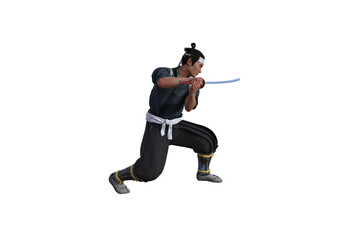 Fototapeta na wymiar Chinese fighter poses with sword for your scenes specially for collage, isolated on white background. 3D illustration. 3D rendering.