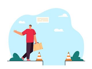 Man stepping into hole flat vector illustration. Person inattentively walking into pit, bounded by warning cones, looking in other direction. Accident, inattention, fail concept for banner design