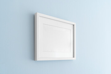 Interior house decoration, empty white frame, poster blank canvas, pictures mock up on a blue wall,...
