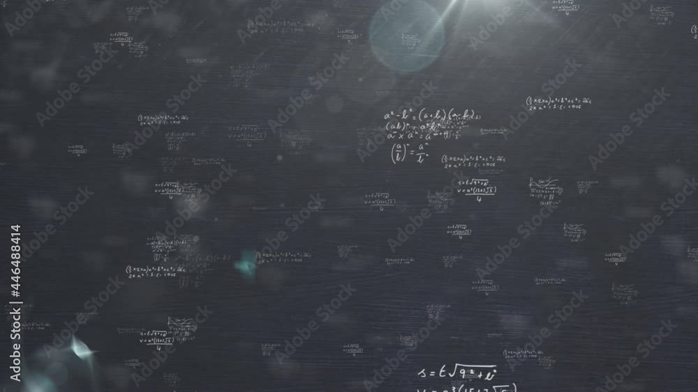 Poster animation of mathematical drawings and formulas over lights on dark background