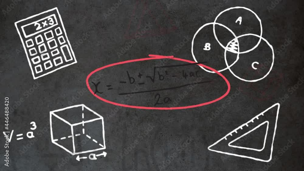 Poster animation of mathematical drawings and formulas over lights on dark background
