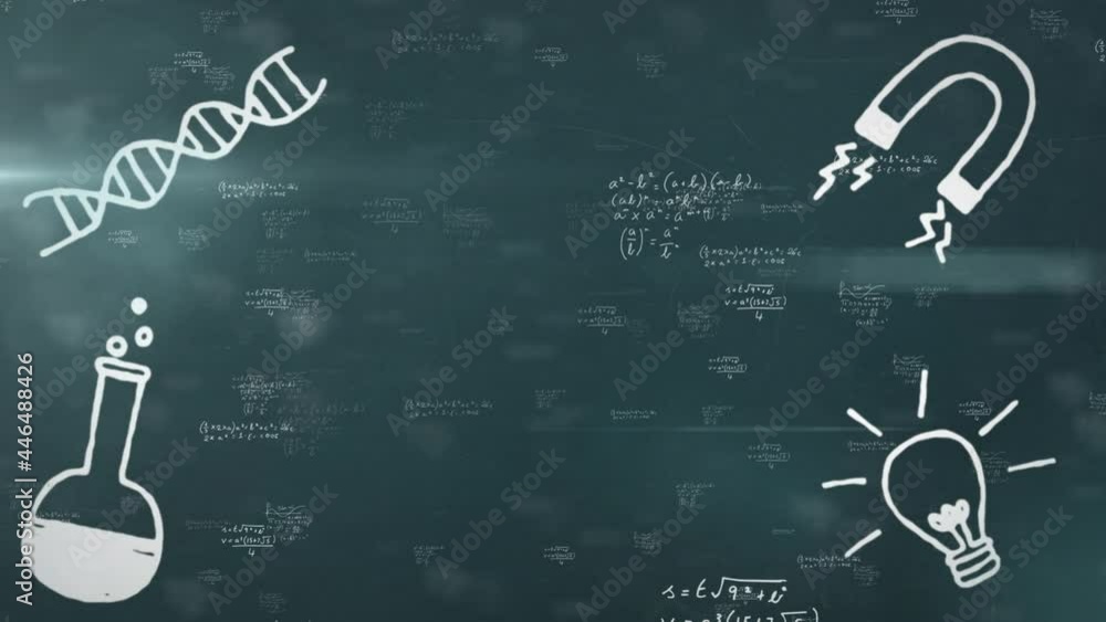 Poster animation of mathematical drawings and formulas over lights on dark background