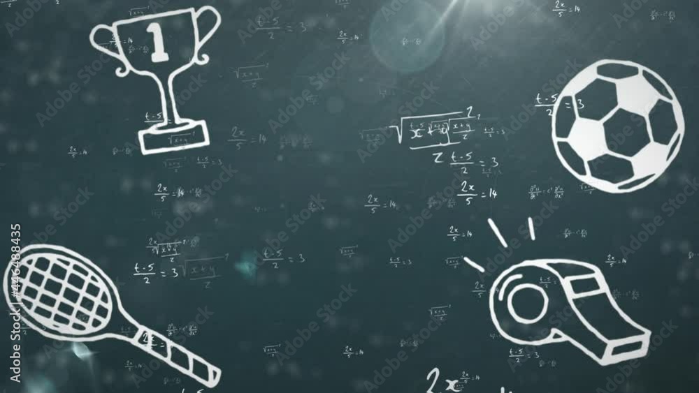Poster animation of mathematical drawings and formulas over lights on dark background