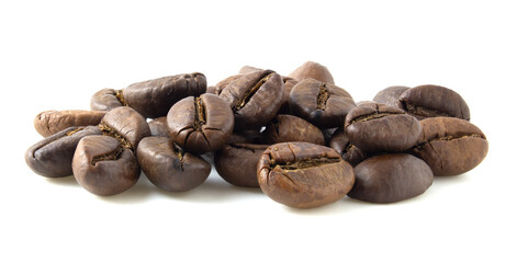 Group of roasted coffee beans isolated on white background.