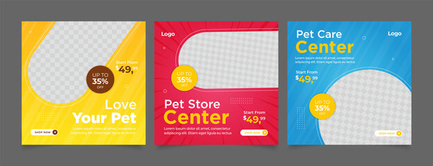 Pet shop social media post template design with photo collage.	