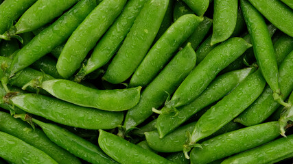 Raw green pea pod top view