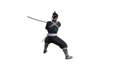 Chinese fighter poses with sword for your scenes specially for collage, isolated on white background. 3D illustration. 3D rendering.