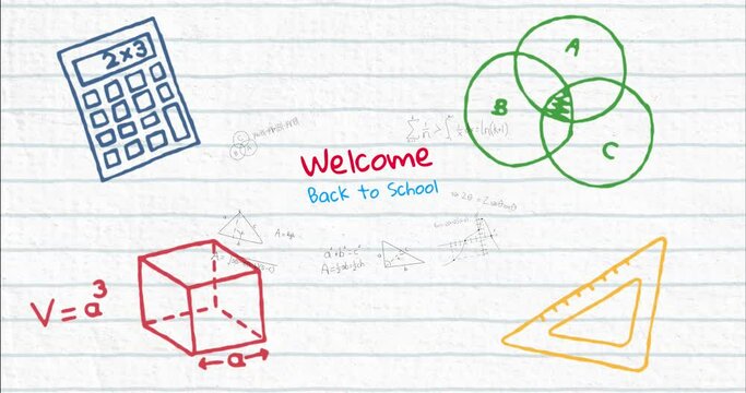 Animation of welcome back to school text over school items icons