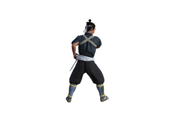 Chinese fighter poses with sword for your scenes specially for collage, isolated on white background. 3D illustration. 3D rendering.