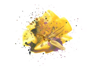Poster Watercolor flow blot drops splash. Abstract texture yellow and gold color stain on white background. © Liliia