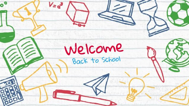 Animation of welcome back school text and colorful icons on white background
