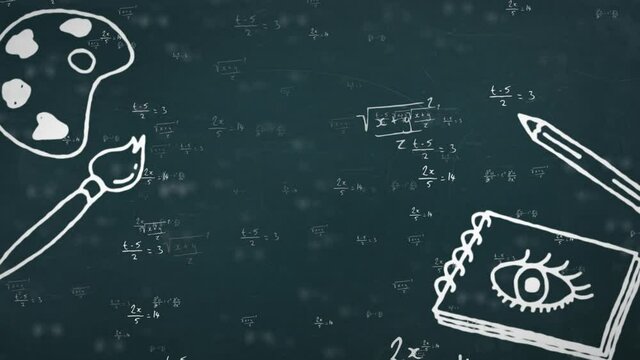 Digital animation of multiple school concept icons against mathematical equations on blue background