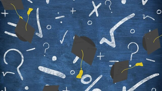 Digital animation of graduation hat icons falling against mathematical symbols on blue background