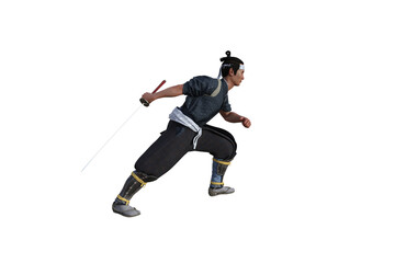 Chinese fighter poses with sword for your scenes specially for collage, isolated on white background. 3D illustration. 3D rendering.