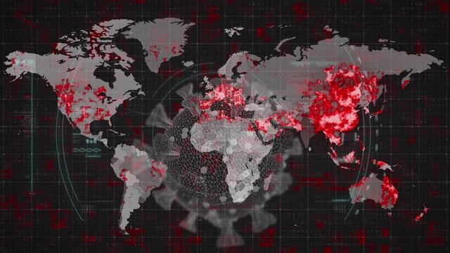 Animation of covid 19 cell over world map, scope scanning and data processing