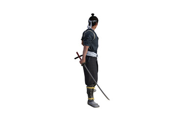 Chinese fighter poses with sword for your scenes specially for collage, isolated on white background. 3D illustration. 3D rendering.