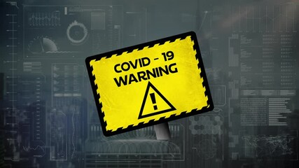 Animation of covid 19 warning text over data processing and cityscape - Powered by Adobe