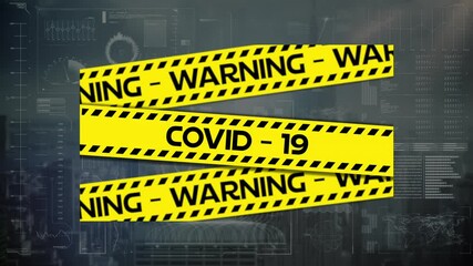 Animation of covid 19 warning text over data processing and cityscape - Powered by Adobe