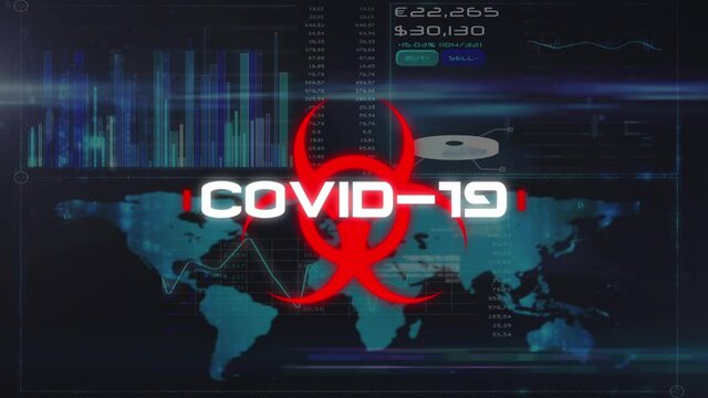 Animation of covid 19 warning text over data processing and world map