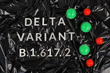 words delta variant B.1.617 laid with silver metal letters on crumpled black plastic bag background...