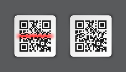 Realistic QR code sticker on gray background. Identification tracking code. Serial number, product ID with digital information. Store or supermarket scan labels, price tag. Vector illustration.