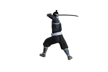 Chinese fighter poses with sword for your scenes specially for collage, isolated on white background. 3D illustration. 3D rendering.