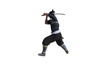 Chinese fighter poses with sword for your scenes specially for collage, isolated on white background. 3D illustration. 3D rendering.