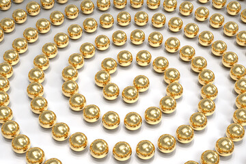 A thread with gold beads is wrapped in a spiral.  Beautiful stylish background in silvery-gold colors. Jewelry. 3d illustration.