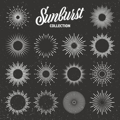 Vintage grunge sunburst collection. Bursting sun rays. Fireworks. Logotype or lettering design element. Radial sunset beams. Vector illustration.