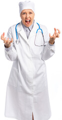 female doctor in a white coat and hat. the doctor raised her hands, spread her fingers and screamed furiously, opened her mouth violently. isolated, white background